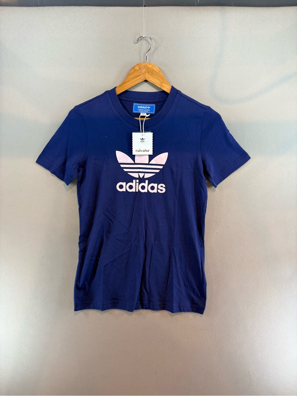Adidas Girl XL Top T shirt navy Big Logo Treefoil Pink Retro Nwt